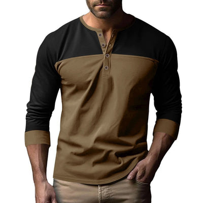 Retro Trendy Lange mouwen Kleur Matching Henry Kraag Onderkant Shirt Casual T-shirt Nexora Store
