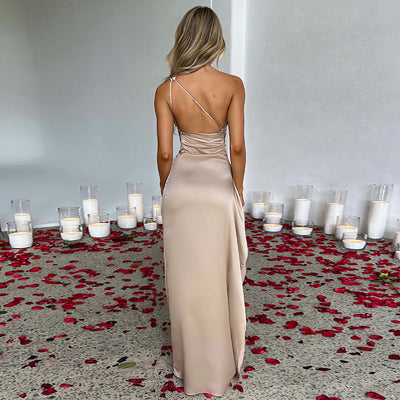Sexy een-schouder open rug jurk met split Zomer elegante strakke effen satijnen jurken voor vrouwen Nexora Store