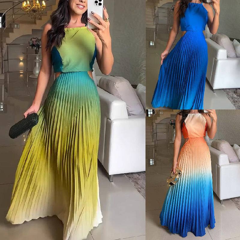 Nieuwe Europese en Amerikaanse mouwloze geplooide jurk met kleurverloop in groen, blauw en oranje, hoge taille lange rok