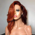 Ladies short wavy brown synthetic wig with long side part bangs on mannequin head