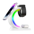 Magnetic wireless charger with 4-in-1 charging for smartphone, smartwatch, and earbuds, featuring RGB light and fast charging.