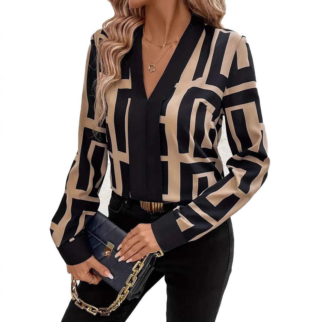 Zwarte damestop met geometrisch patroon in lente en zomer Nexora Store