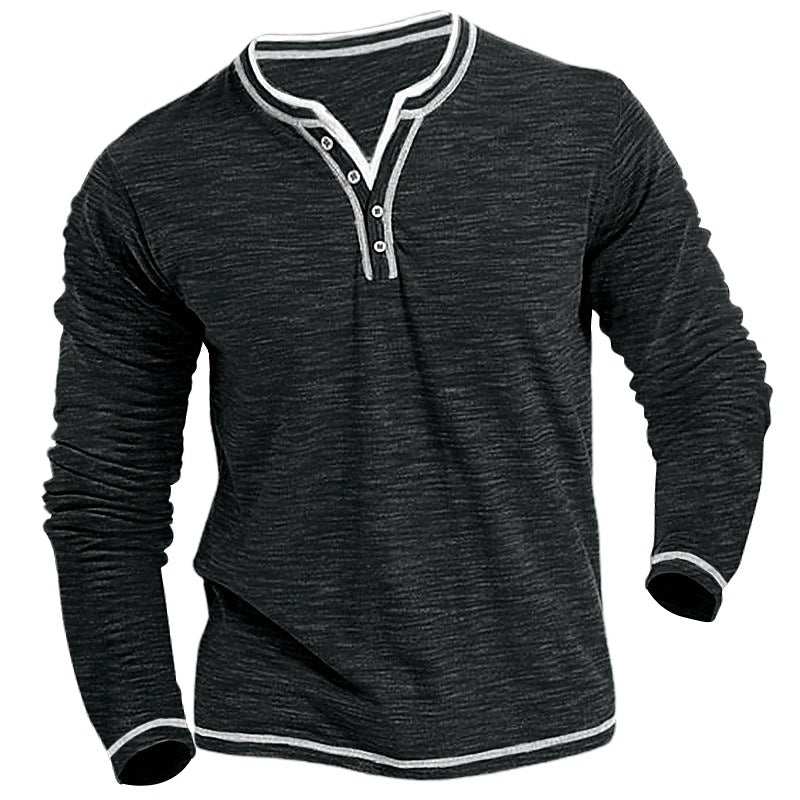 Comfortabel zacht stretch Henley shirt in hemelsblauw, kaki, groen en zwart met lange mouwen, spandex materiaal.
