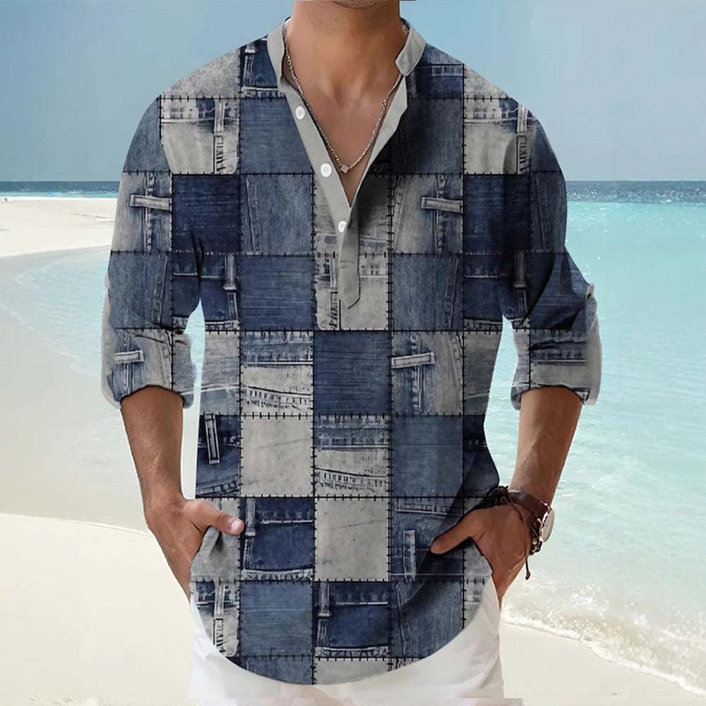 Man wearing a thin casual digital print long sleeve bamboo linen Hawaiian shirt with striped pattern and ethnic design accents