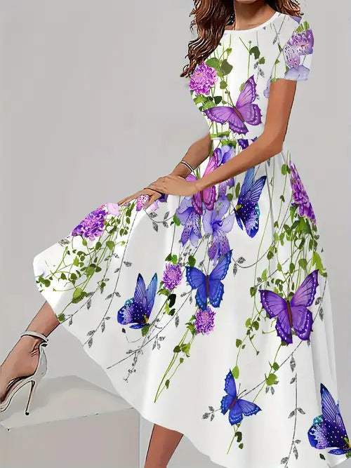 Trendy casual jurk met bijpassende bloemenprint, korte mouwen en ronde hals Nexora Store
