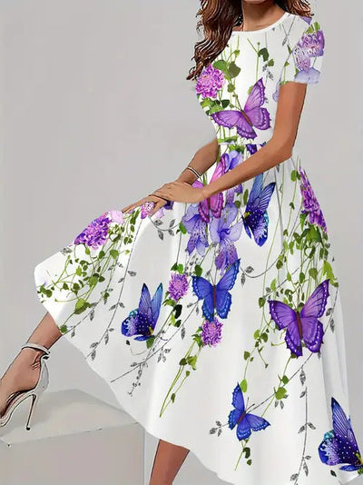 Trendy casual jurk met bijpassende bloemenprint, korte mouwen en ronde hals Nexora Store