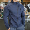 Heren fitness training slim fit sportjack met capuchon in blauw voor hardlopen en outdoor sporten