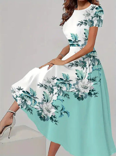 Trendy casual jurk met bijpassende bloemenprint, korte mouwen en ronde hals Nexora Store