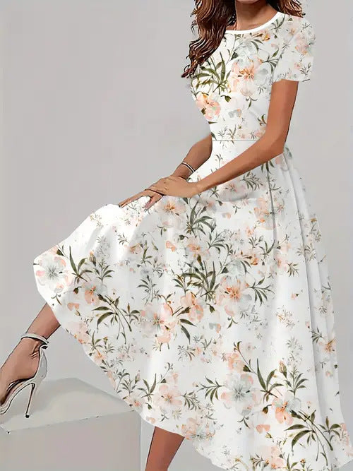 Trendy casual jurk met bijpassende bloemenprint, korte mouwen en ronde hals Nexora Store