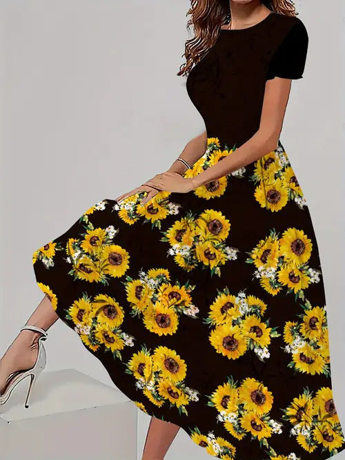 Trendy casual jurk met bijpassende bloemenprint, korte mouwen en ronde hals Nexora Store