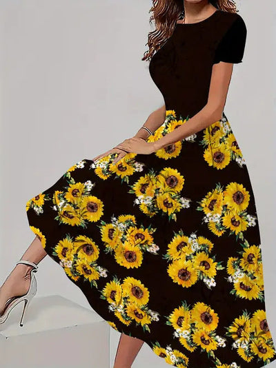 Trendy casual jurk met bijpassende bloemenprint, korte mouwen en ronde hals Nexora Store