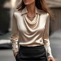 Dames Swing Collar Gedrapeerde Shirts & Blouses Elegante Effen Satijnen Kantoor Dames Top Pullover Lente Lange Mouw Casual Tops Mijn winkel