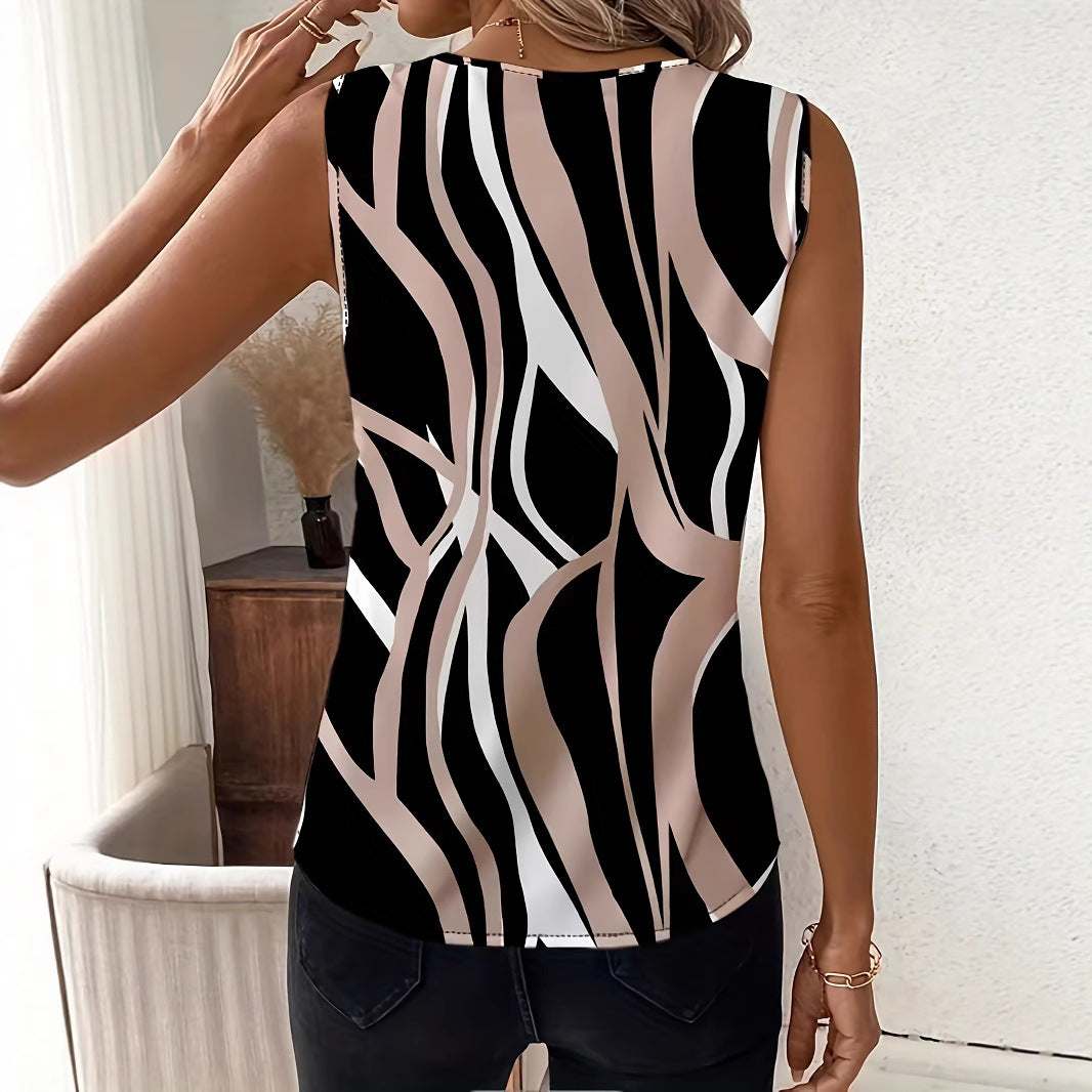Mouwloos shirt met V-hals en onregelmatig geometrisch patroon in zwart en roze