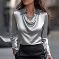 Dames Swing Collar Gedrapeerde Shirts & Blouses Elegante Effen Satijnen Kantoor Dames Top Pullover Lente Lange Mouw Casual Tops Mijn winkel