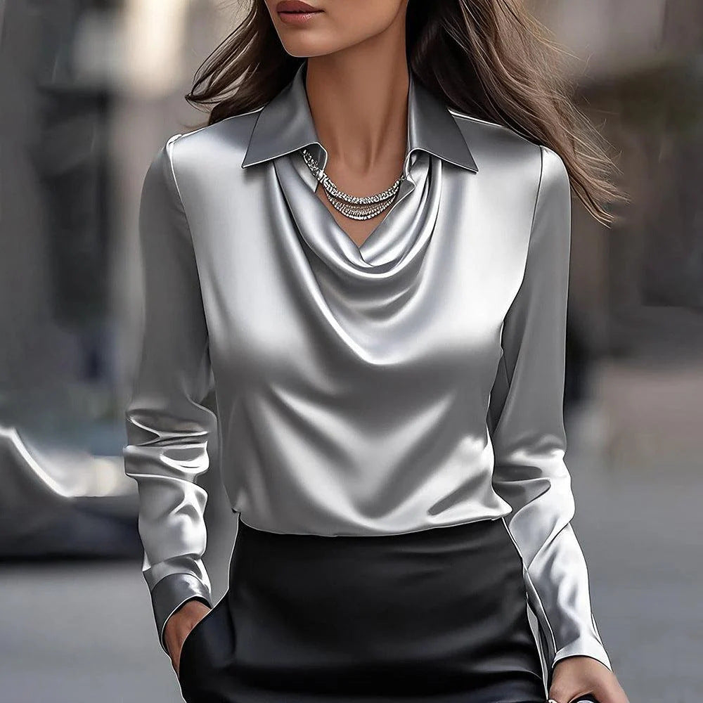 Dames Swing Collar Gedrapeerde Shirts & Blouses Elegante Effen Satijnen Kantoor Dames Top Pullover Lente Lange Mouw Casual Tops Mijn winkel