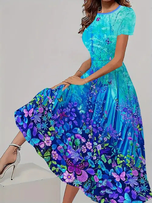 Trendy casual jurk met bijpassende bloemenprint, korte mouwen en ronde hals Nexora Store