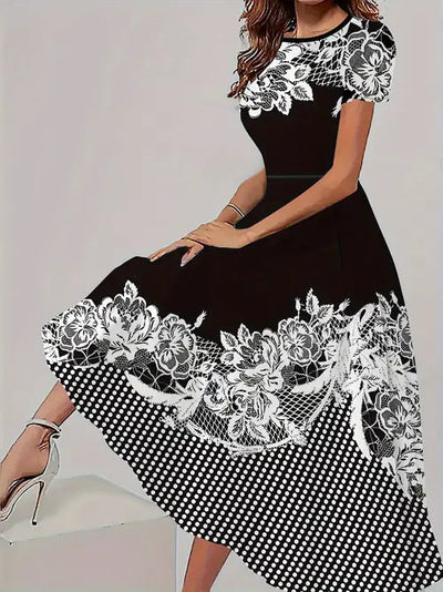 Trendy casual jurk met bijpassende bloemenprint, korte mouwen en ronde hals Nexora Store