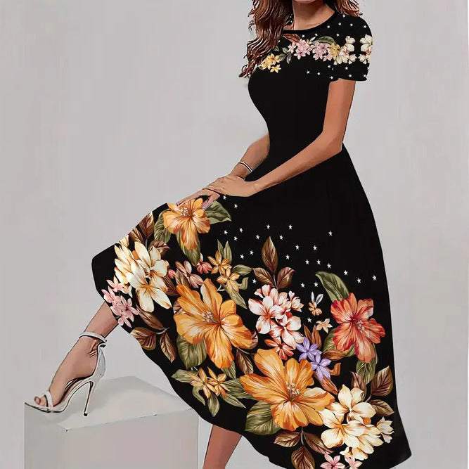 Trendy casual jurk zwart met kleurrijke bloemenprint korte mouwen ronde hals