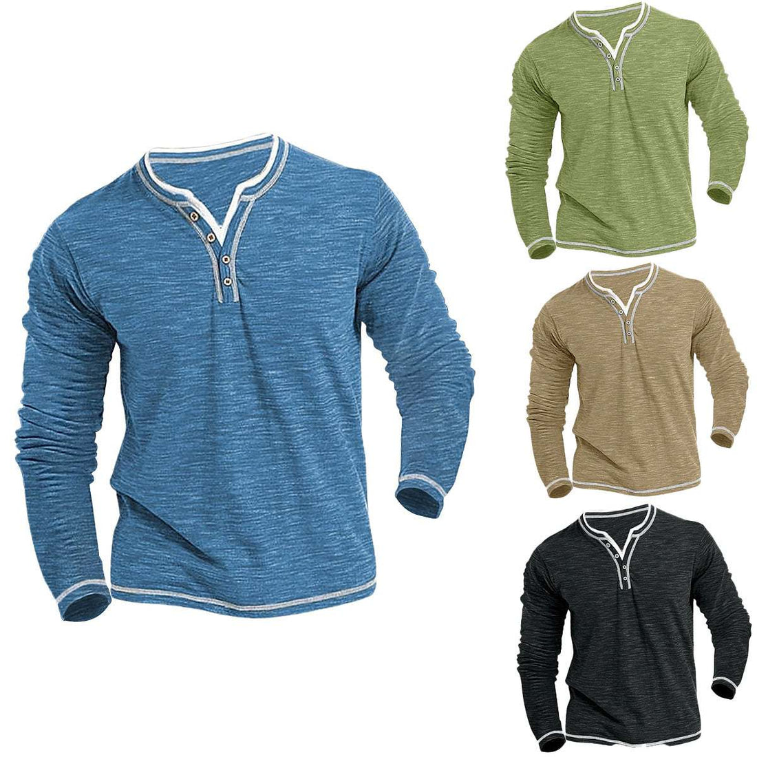 Comfortabel zacht stretch Henley shirt in hemelsblauw, kaki, groen en zwart met lange mouwen, spandex materiaal.