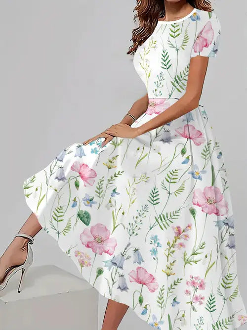 Trendy casual jurk met bijpassende bloemenprint, korte mouwen en ronde hals Nexora Store