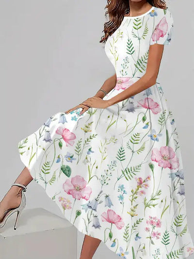Trendy casual jurk met bijpassende bloemenprint, korte mouwen en ronde hals Nexora Store