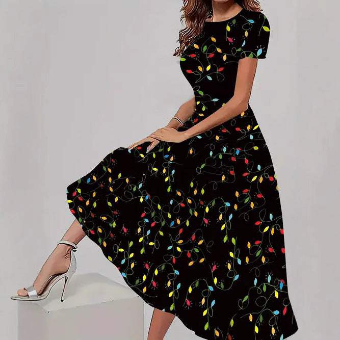 Trendy casual jurk zwart met kleurrijke bloemenprint korte mouwen ronde hals