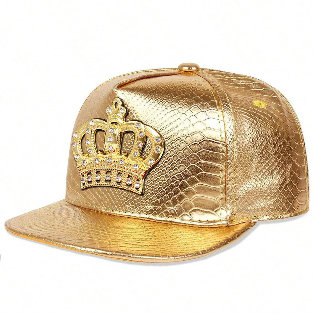Crown Metal Label hip hop PU leather flat brim cap with gold crown emblem in black, silver, gold, and wine red colors.