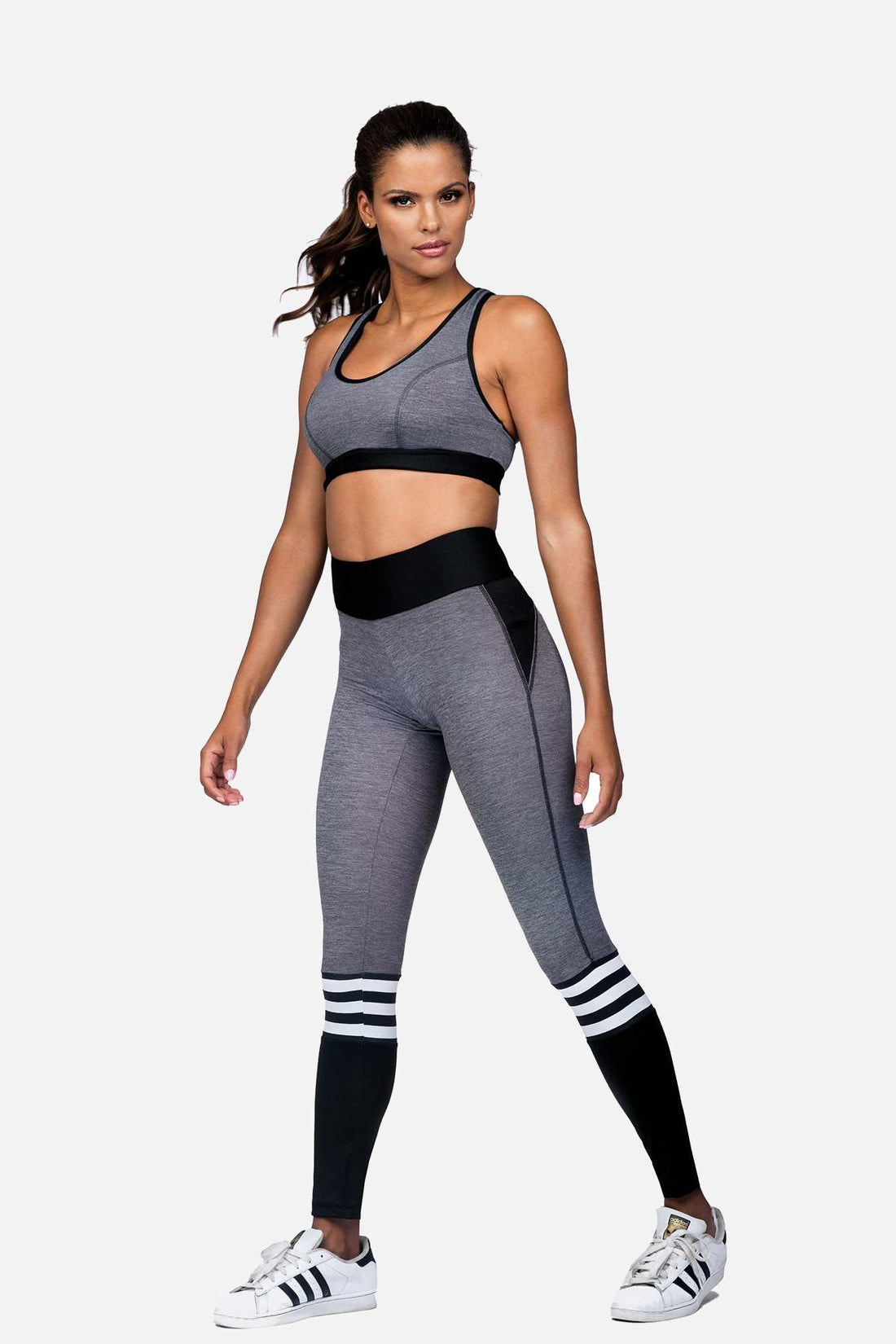 Black and gray sports bra L5165 with foam cups and wide back closure for stability and comfort.