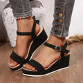 Nieuwe zomer dames wedges zwarte flanel gladiator sandalen met medium hak en enkelbandje