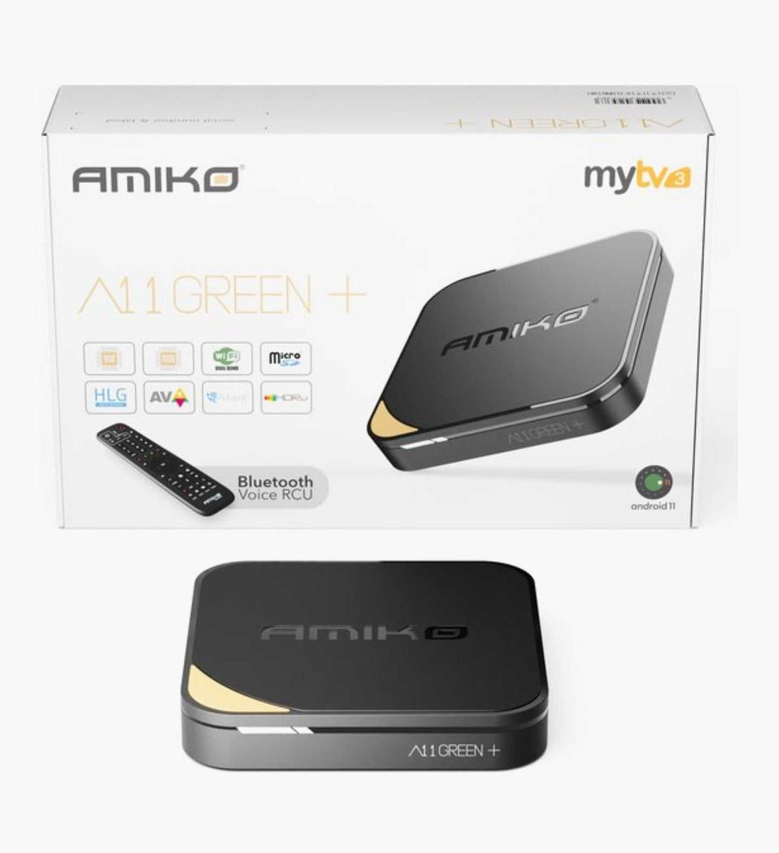 Amiko 11+ Android 11 4K UHD mediastreamer with Bluetooth remote and multiple connectivity options