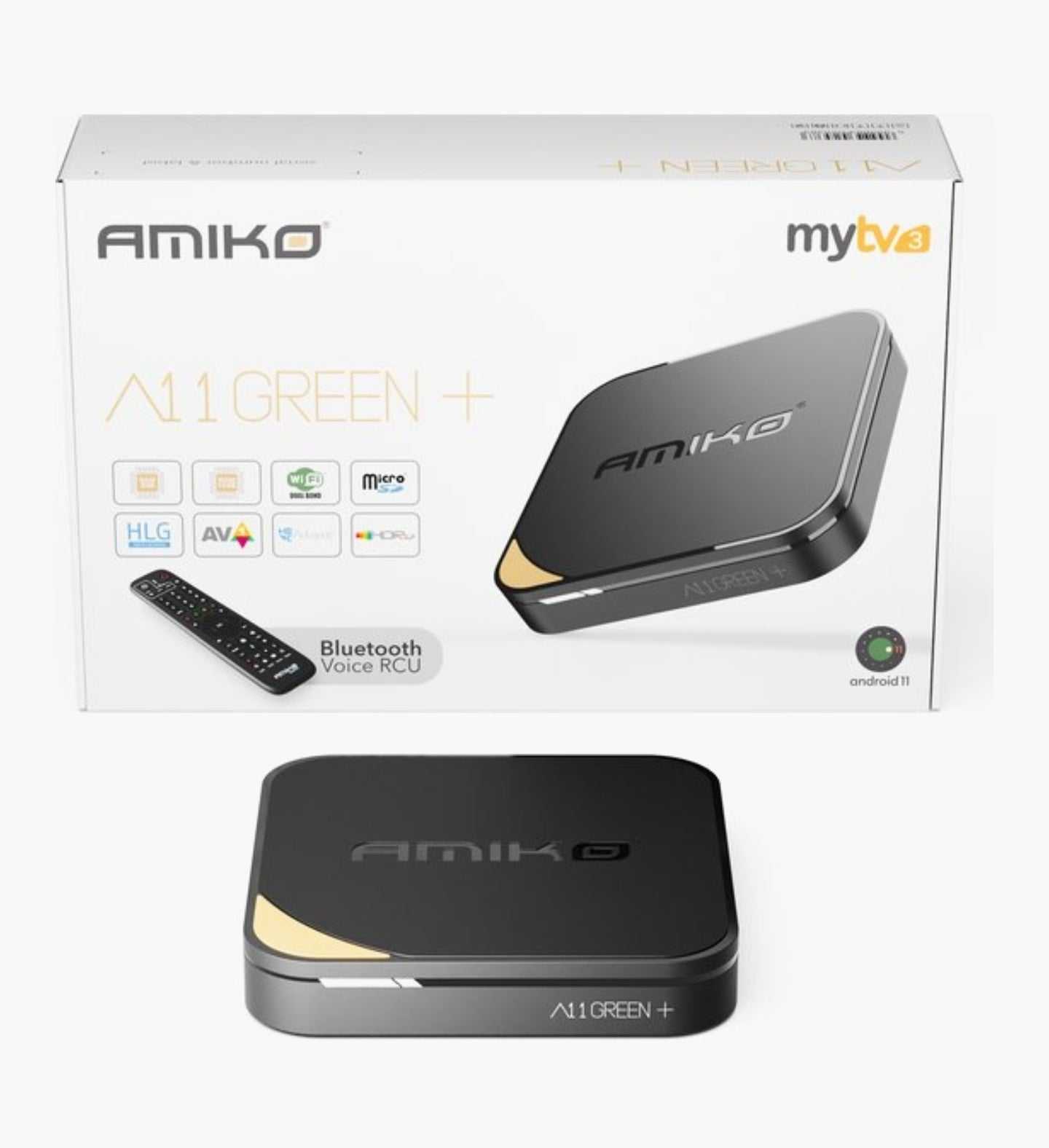 Amiko 11+ Android 11 4K UHD mediastreamer with Bluetooth remote and multiple connectivity options