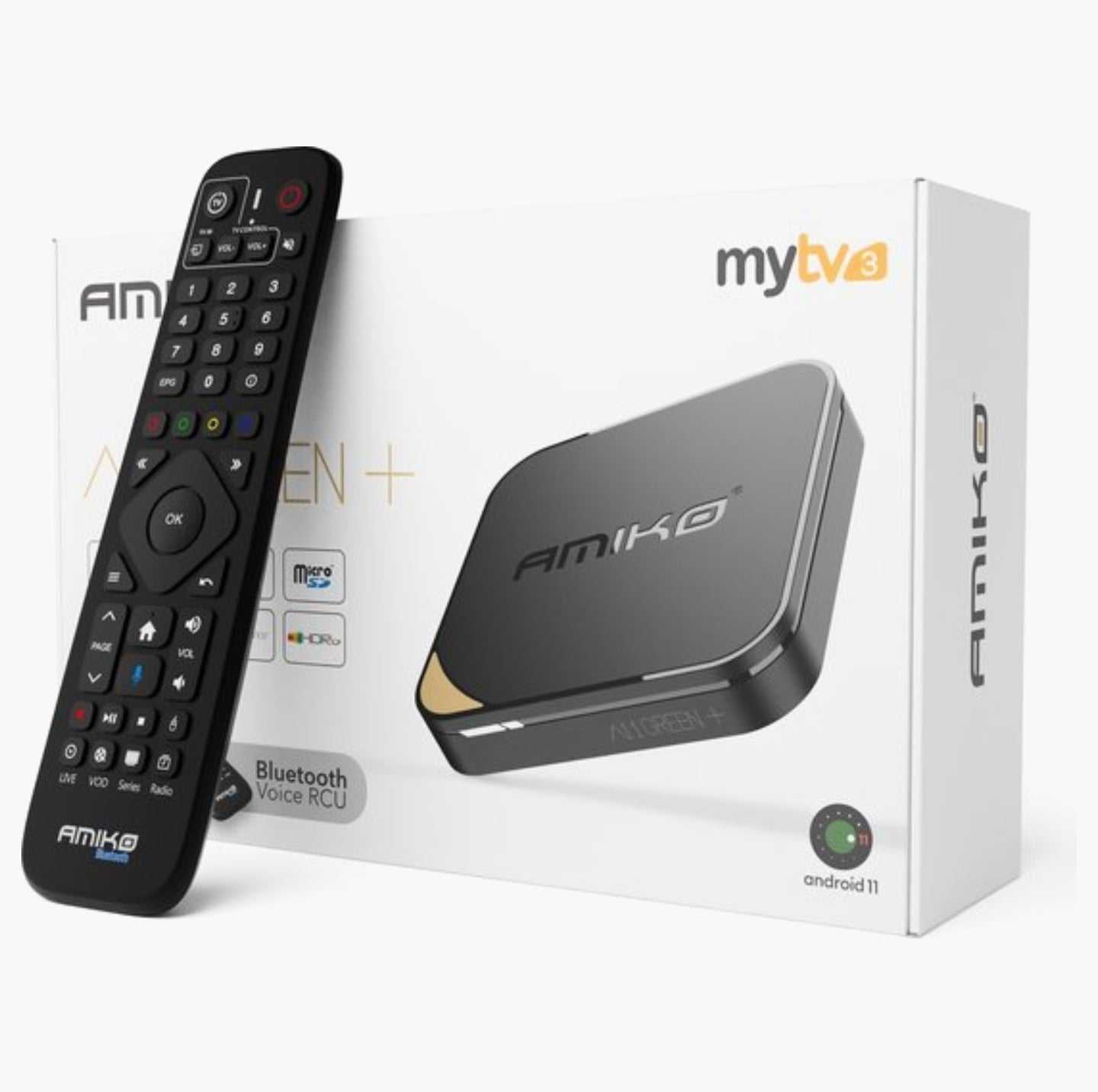 Amiko 11+ Android 11 4K UHD media streamer with Bluetooth remote and Wi-Fi 6 connectivity