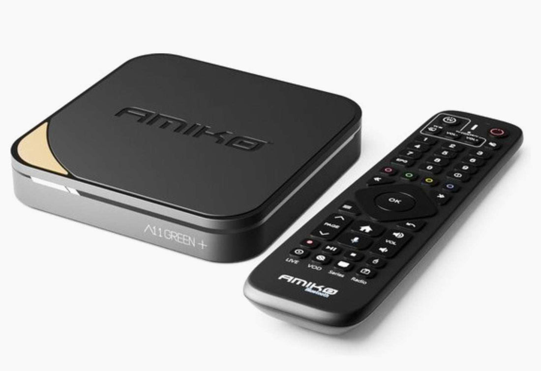 Amiko 11+ Android 11 4K UHD mediastreamer with Bluetooth remote and multiple connectivity options