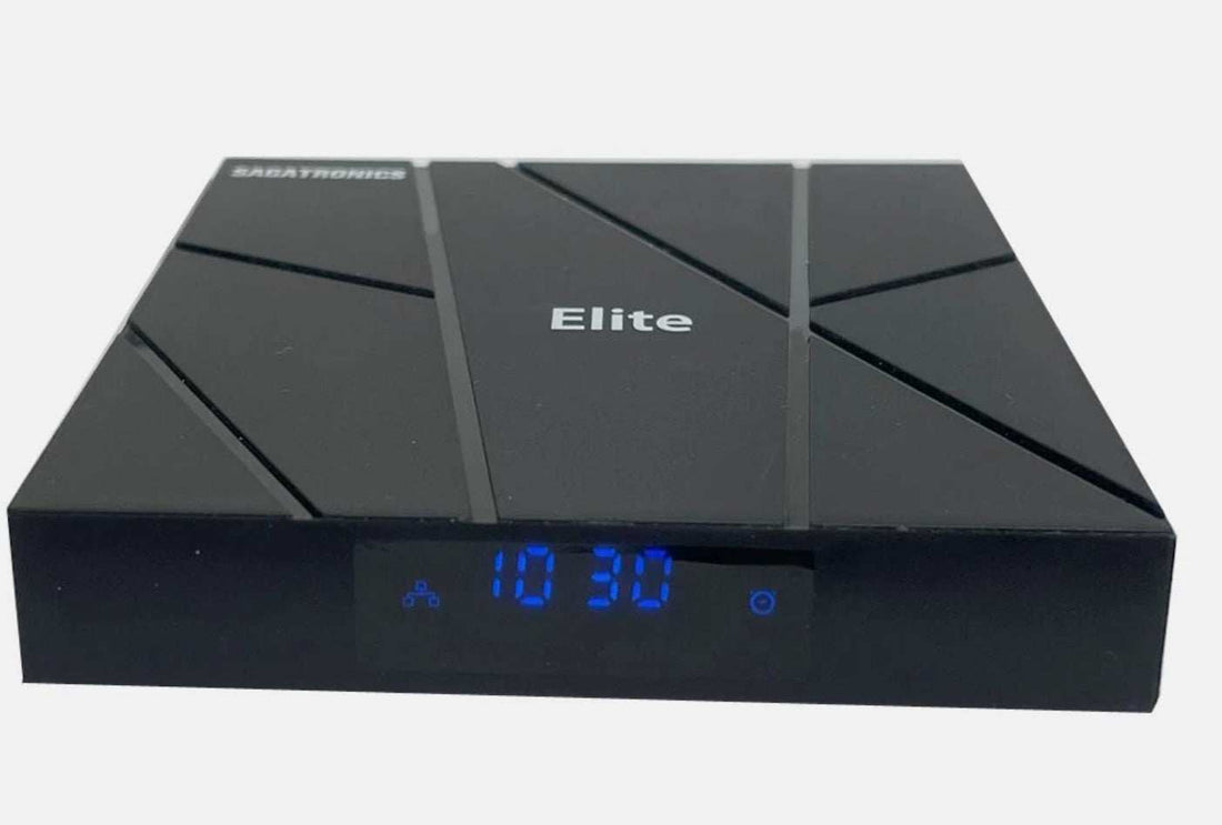 Sagatronics Elite 4K Android 10 media streaming box with 2GB RAM, 16GB storage, 4K UHD, dual WiFi, HDMI, USB ports, and remote control.