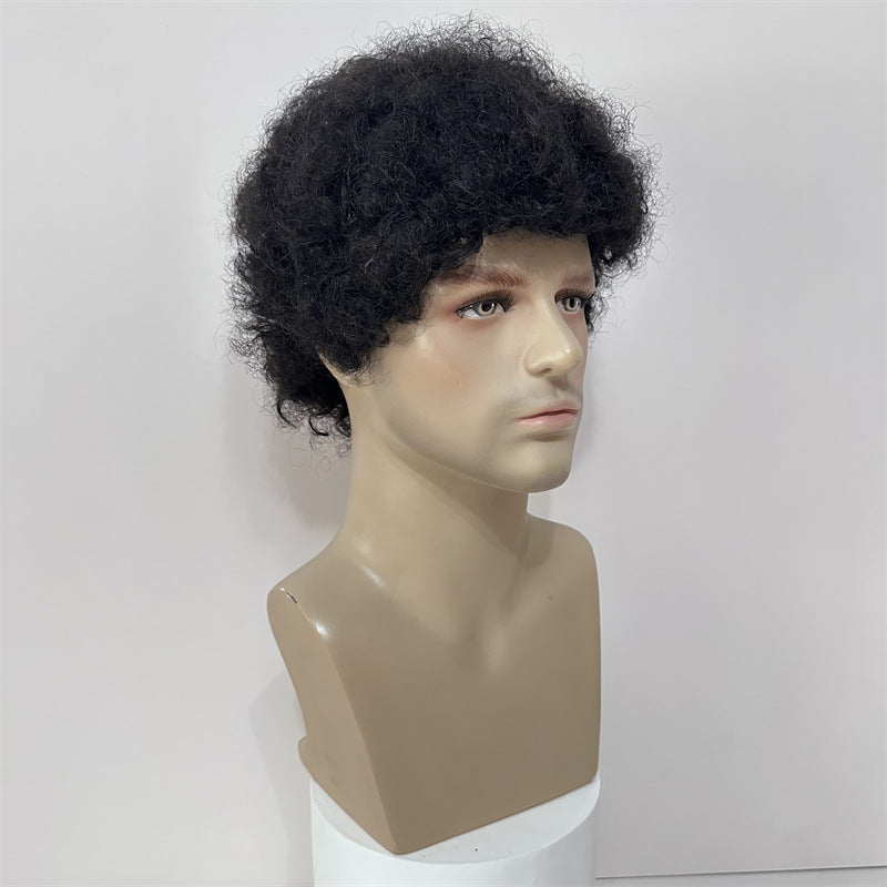 Short curly afro human hair wig displayed on mannequin head, 4-inch length, suitable for men and women.