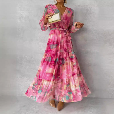 Lange mouwen bloemenprint jurk elegante V-hals geplooide hoge taille grote swing chiffon maxi-jurken voor dameskleding Nexora Store