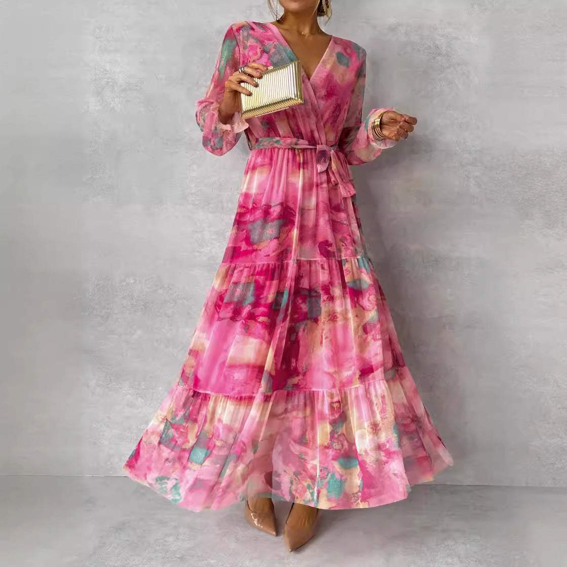 Lange mouwen bloemenprint jurk elegante V-hals geplooide hoge taille grote swing chiffon maxi-jurken voor dameskleding Nexora Store