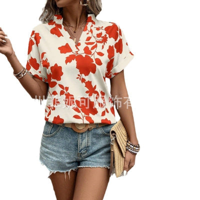Grote bloemenprint V-hals vleermuismouwen casual los overhemd Nexora Store