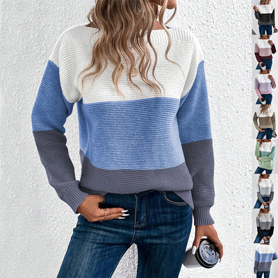 Women's color block pullover knitted sweater with round neck and loose fit