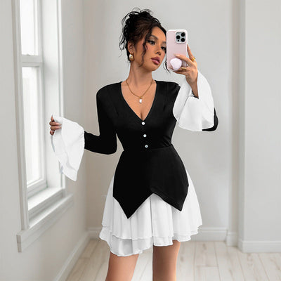 Lange mouwen contrasterende rok patchwork geplooide jurk Nexora Store