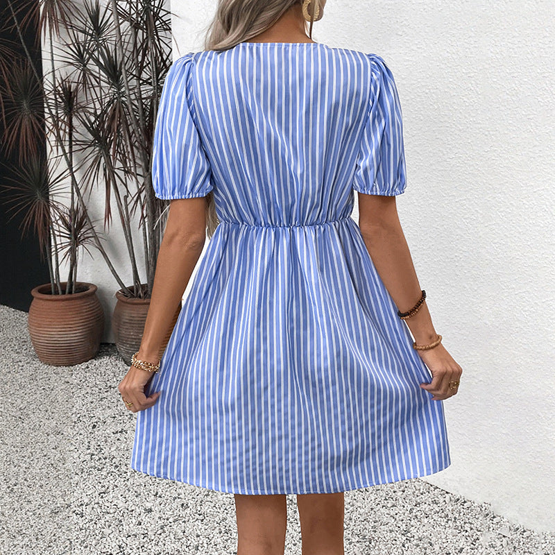 Retro gestreepte jurk met ronde hals en strik, veterjurk Nexora Store