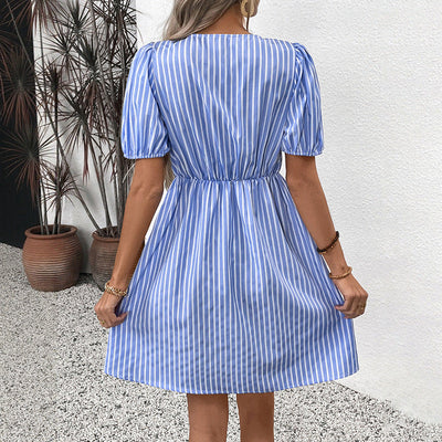 Retro gestreepte jurk met ronde hals en strik, veterjurk Nexora Store