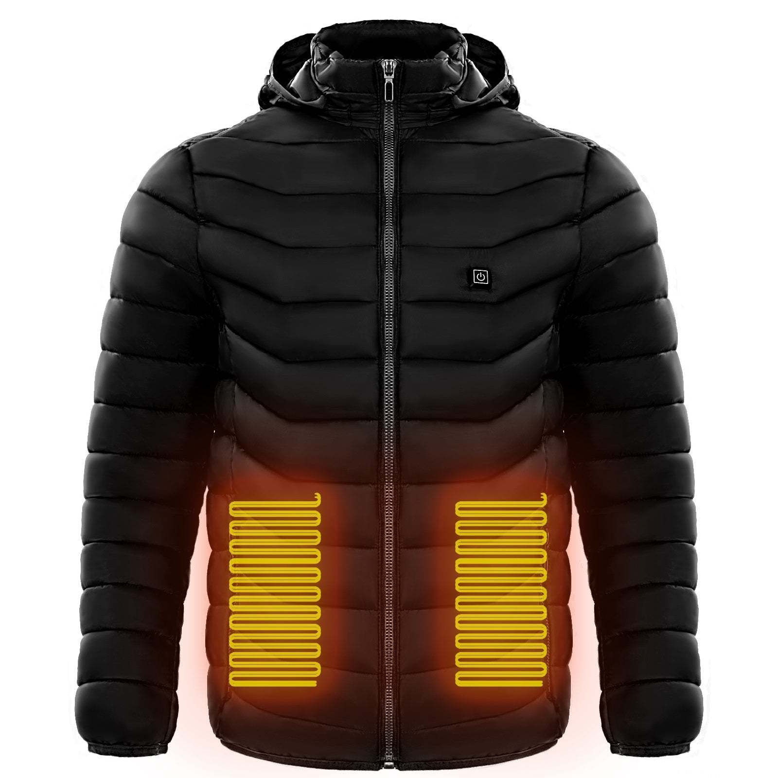 Elektrische verwarmde jas zwart met capuchon en verwarmingselementen voor wintersport