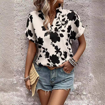 Grote bloemenprint V-hals vleermuismouwen casual los overhemd Nexora Store