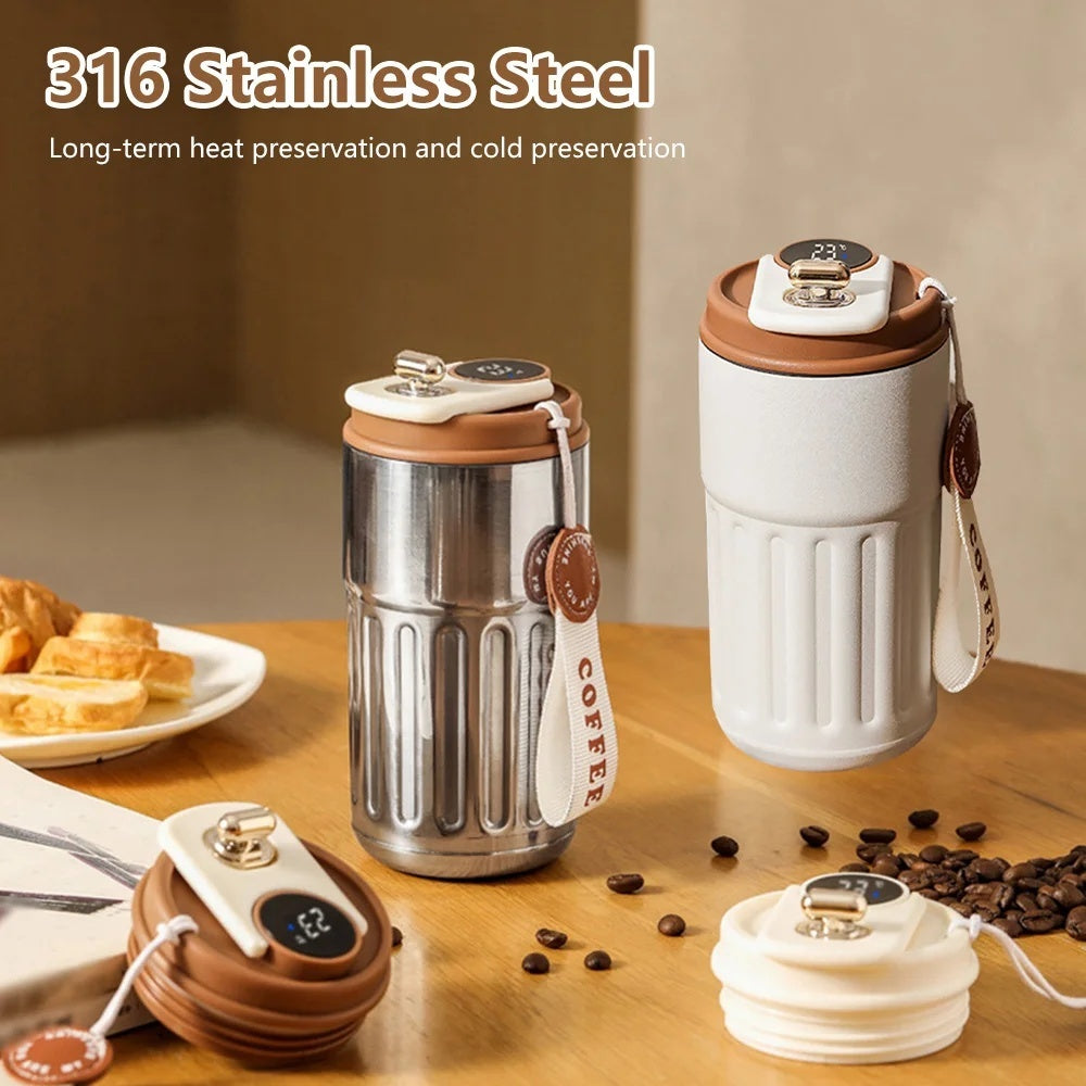 Smart digital thermal bottle stainless steel insulated travel coffee mug with temperature display and strap 450ml