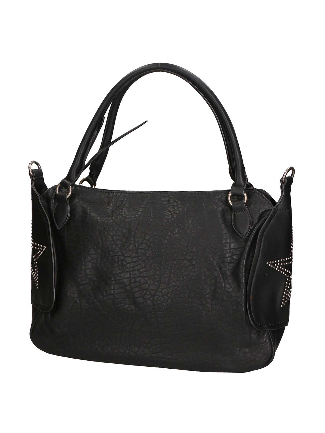 Black vegan leather handbag with double handles and central zip closure
