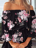Volledige grootte bloemen off-shoulder mini-jurk met volantmouwen in grote maten, zwarte bloemprint