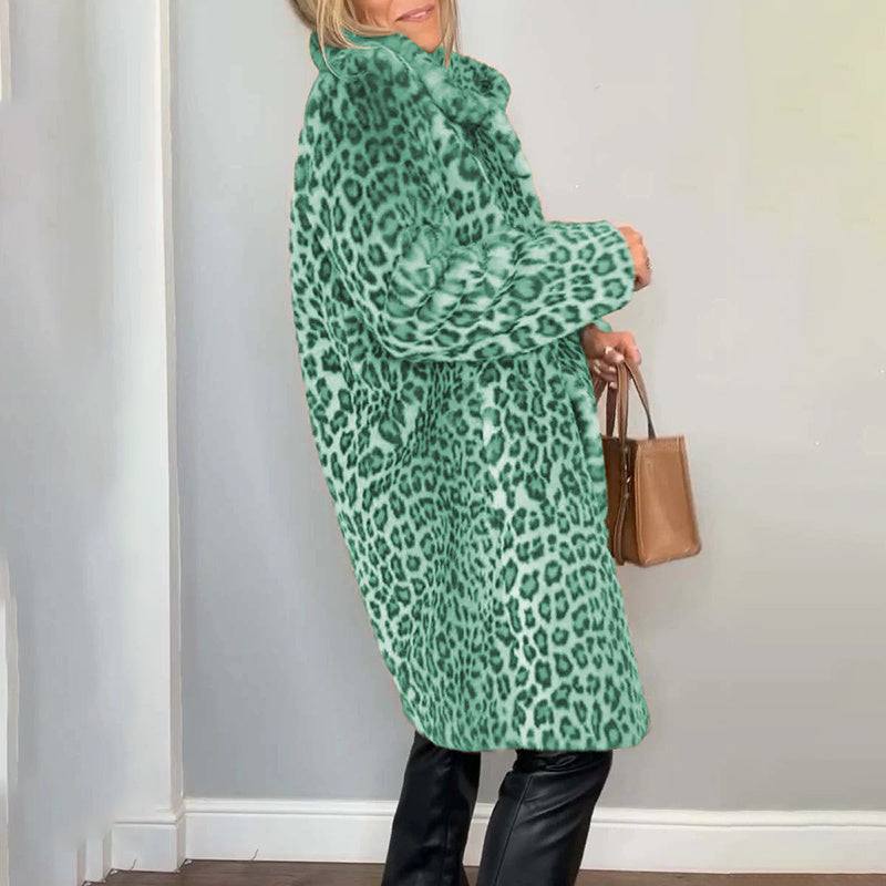 Women's Leopard Print Plush Jacket, Cozy Loose-Fit Warm Coat Elegant Medium-Length Fall Winter Outwear Nexora Store