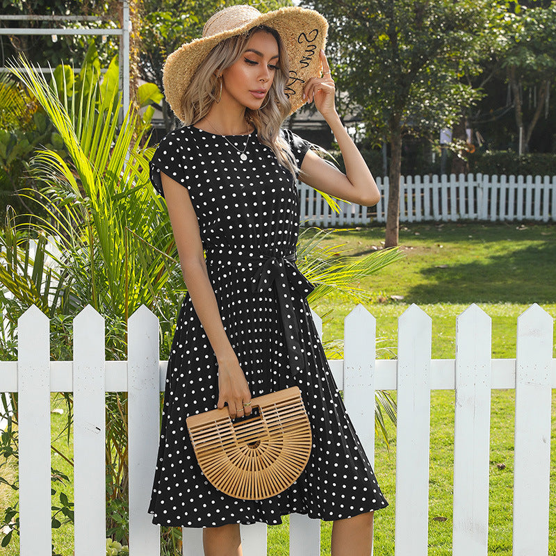 Zomer Dames Polka Dot Korte Mouw Jurk Casual Bandage Feest Geplooide Midi Jurken Elegante Groene Kantoor Dame Kleding Nexora Store