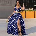 Blue polka dot long sexy dress for women with gold belt and slit